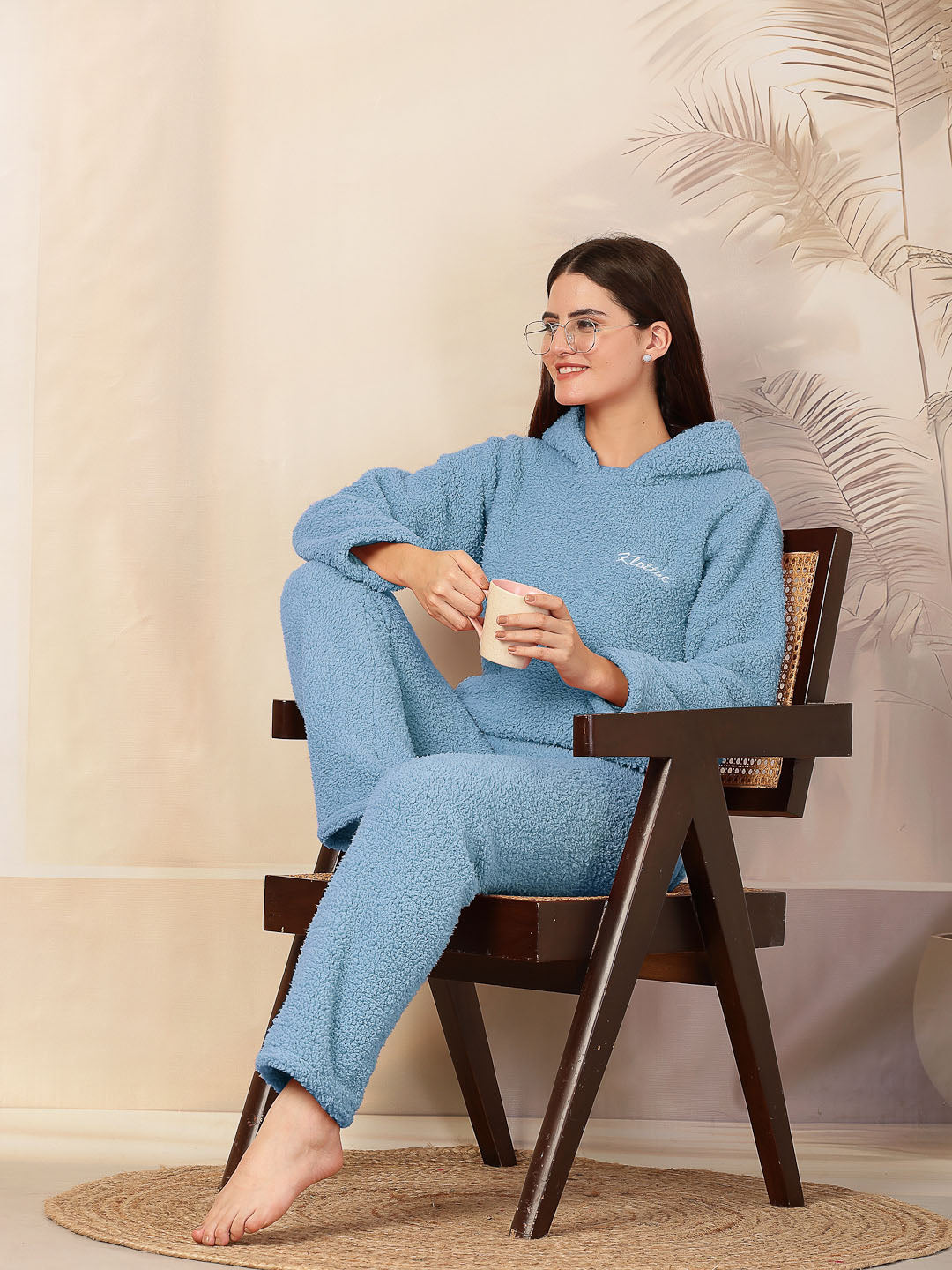 Klotthe Women SkyBlue Solid Sherpa Heavy Winter Hooded Woolen Night Suit