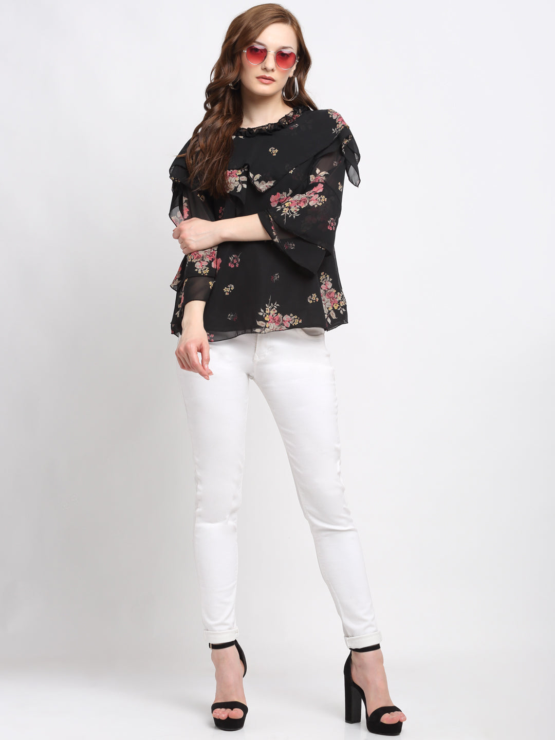 Klotthe Women Black Floral Georgette Top