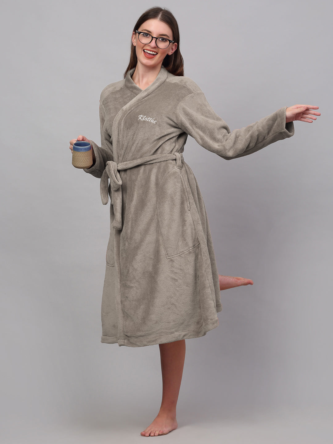 Klotthe Women Beige Solid Bath Robe With Belt
