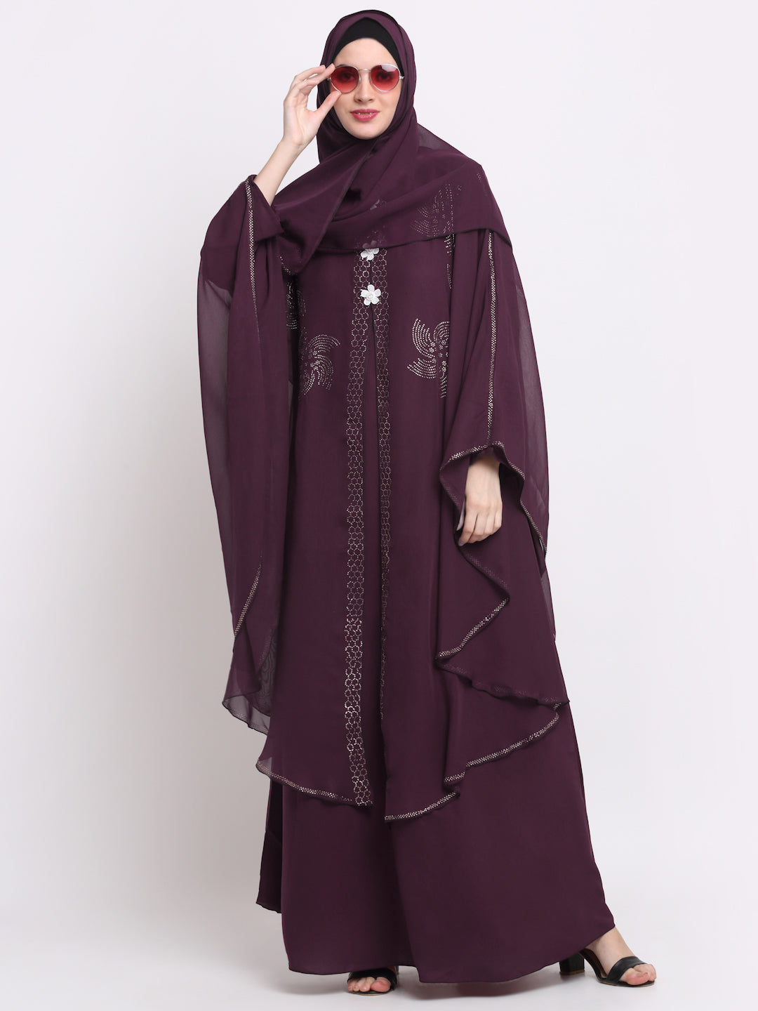Klotthe Women Burgundy Embellished Burqa With Scarves