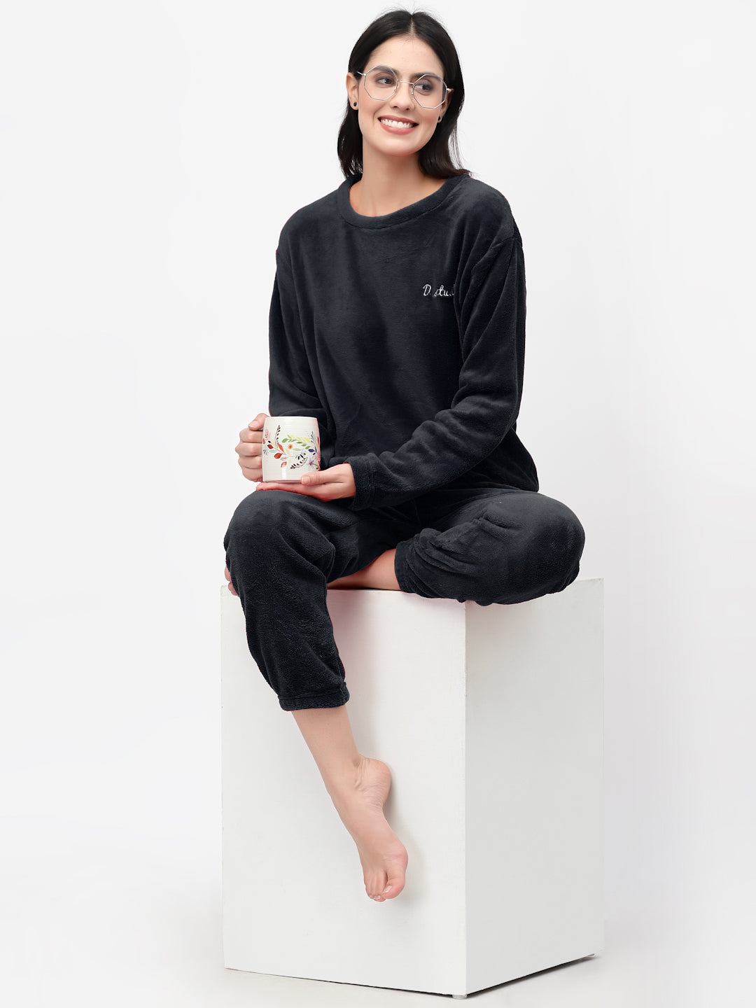 Klotthe Women Black Solid Wool Blend Night Suit