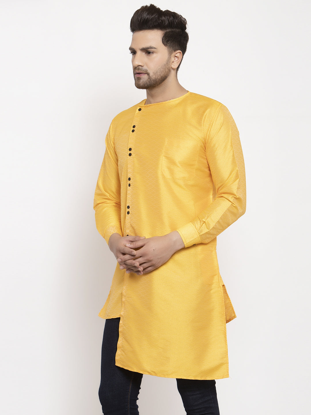 Klotthe Yellow Round Neck Embellished Cotton Silk Kurta
