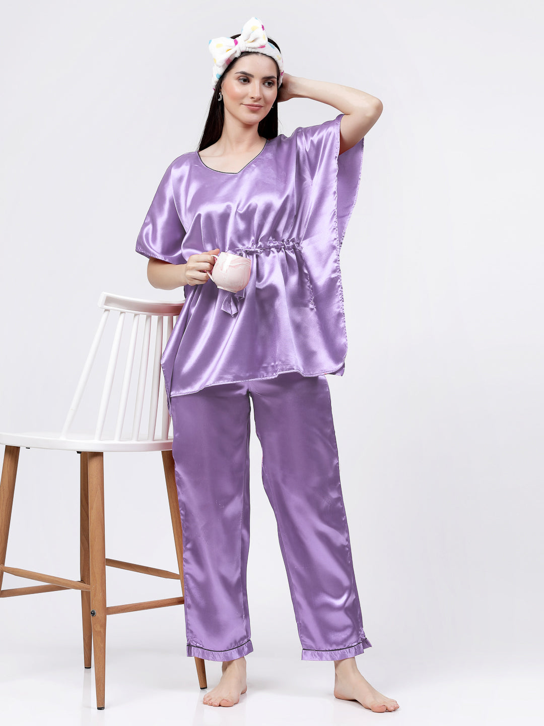 Klotthe Women Purple Solid Satin Kaftan Night Suit by KLOTTHE