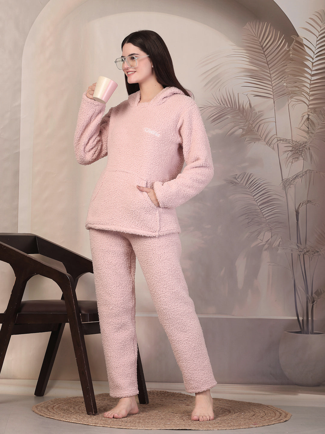 Klotthe Women Light Pink Solid Sherpa Heavy Winter Hooded Woolen Night Suit