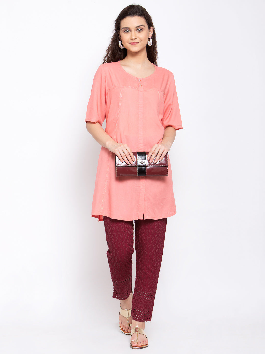 KLOTTHE Maroon Cotton Embroidered Trouser