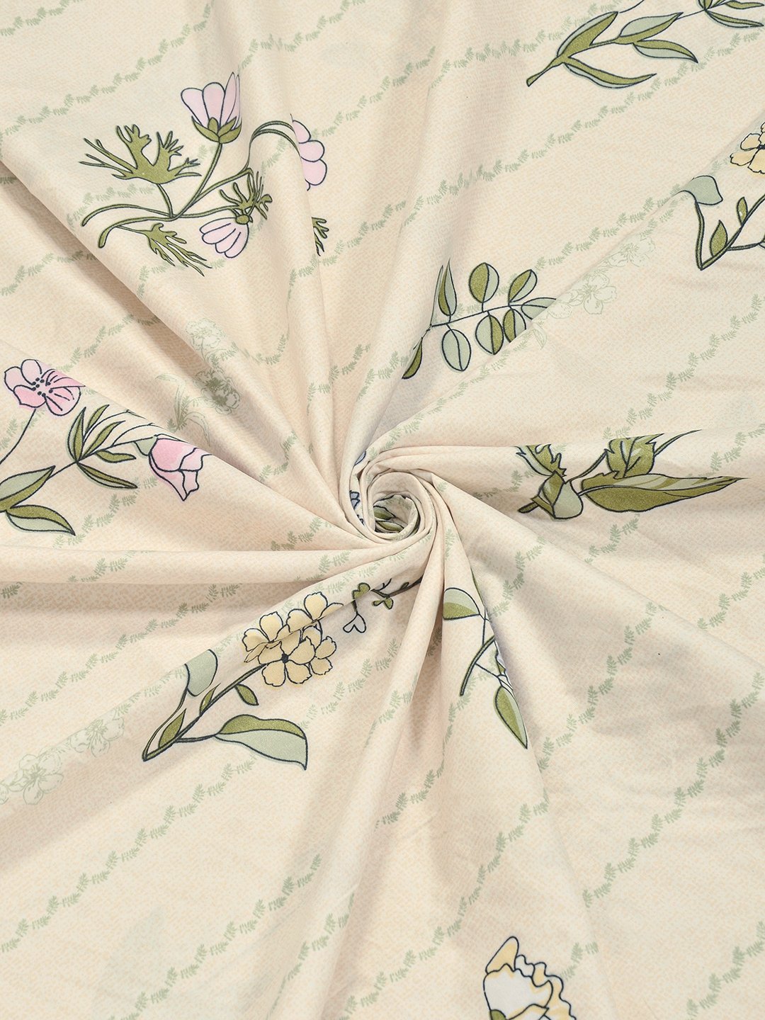 Cream Floral 300 TC Cotton Blend Fitted Double Bedsheet with 2 Pillow Covers