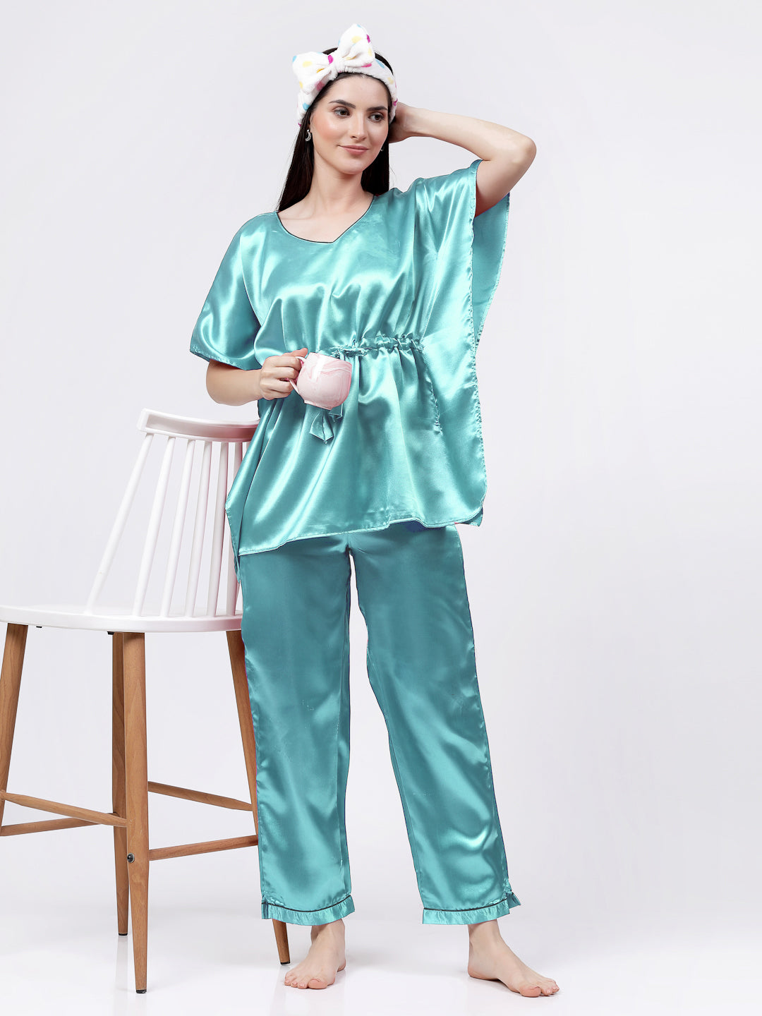 Klotthe Women Sky Blue Solid Satin Kaftan Night Suit by KLOTTHE