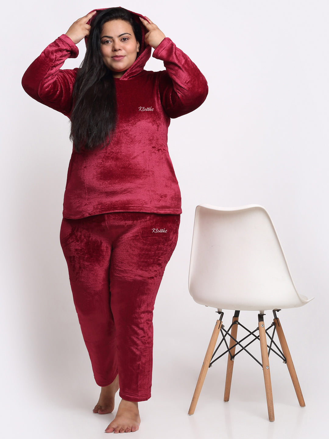 Klotthe Women Red Solid Wool Blend Hooded Night Suit