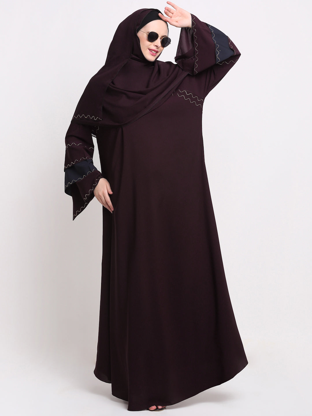Klotthe Women Burgundy Embellished Burqa With Scarves