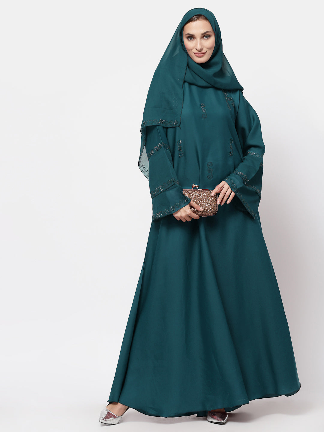 Klotthe Women Turquise Embellished Burqa With Scarves