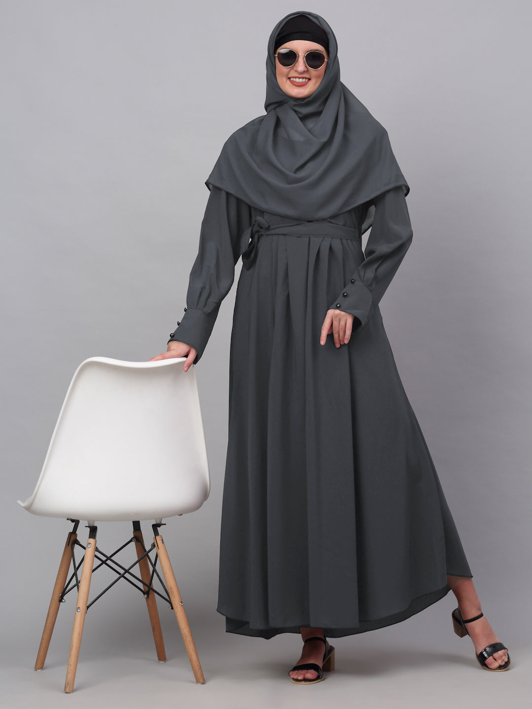 Klotthe Women Grey Embellished Burqa With Scarves