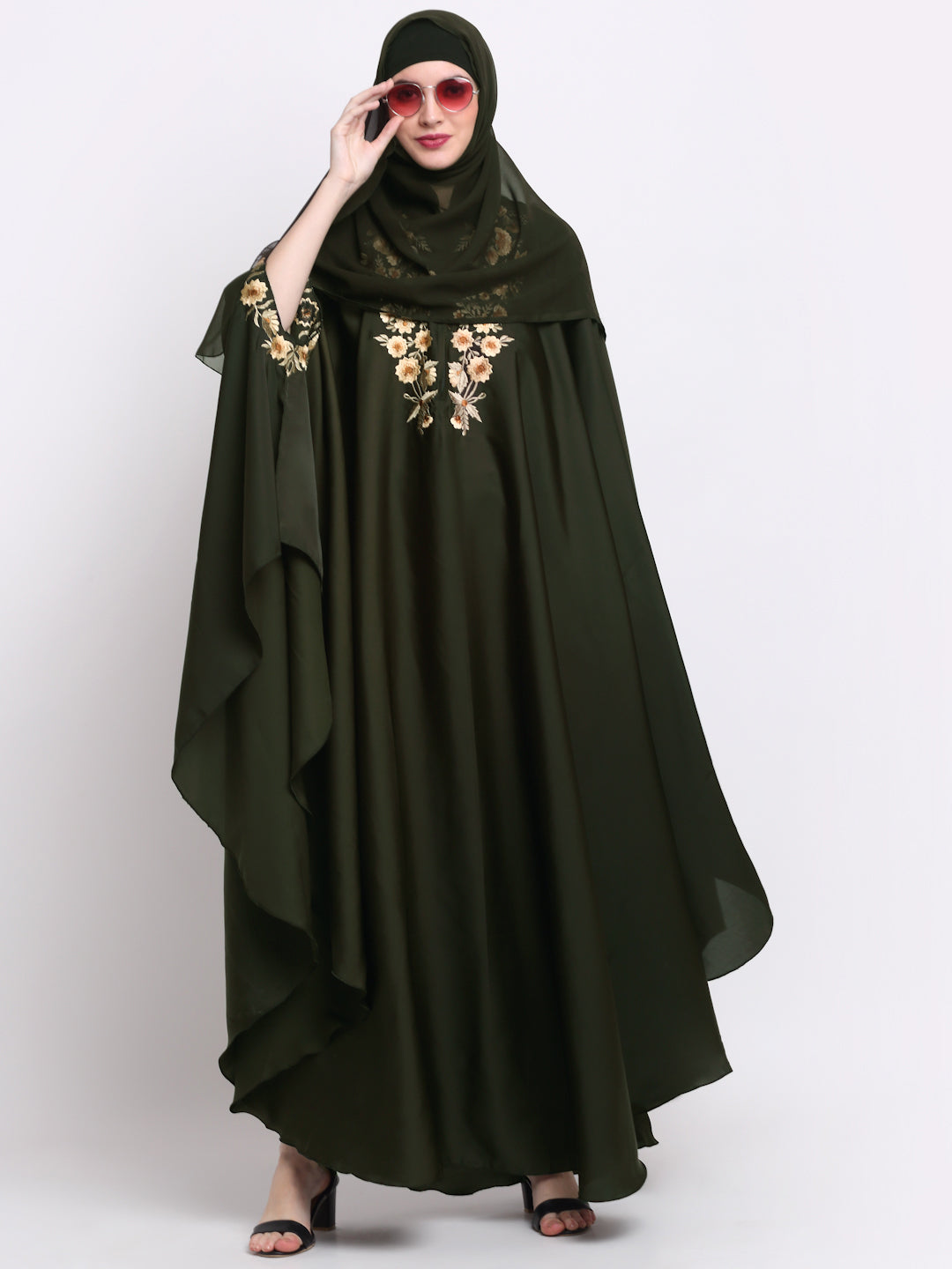 Klotthe Women Olive Embroidered Burqa With Scarves