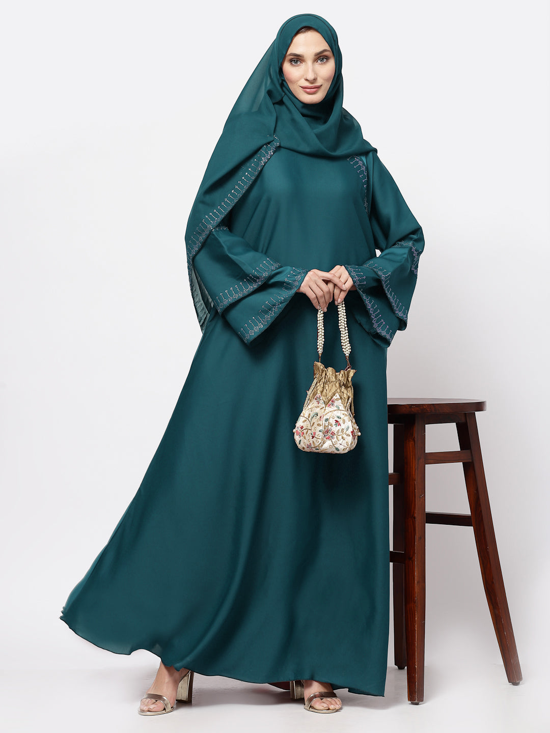 Klotthe Women Turquise Embellished Burqa With Scarves