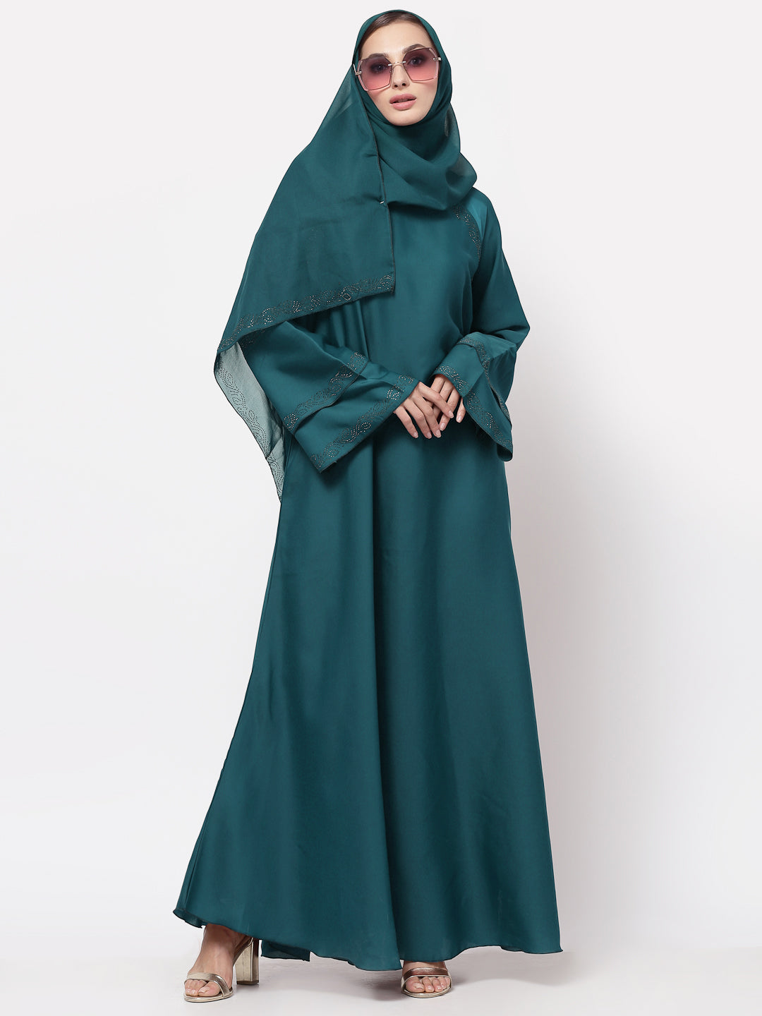 Klotthe Women Turquise Embellished Burqa With Scarves