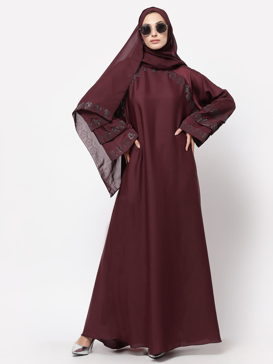 Klotthe Women Maroon Embellished Burqa With Scarves