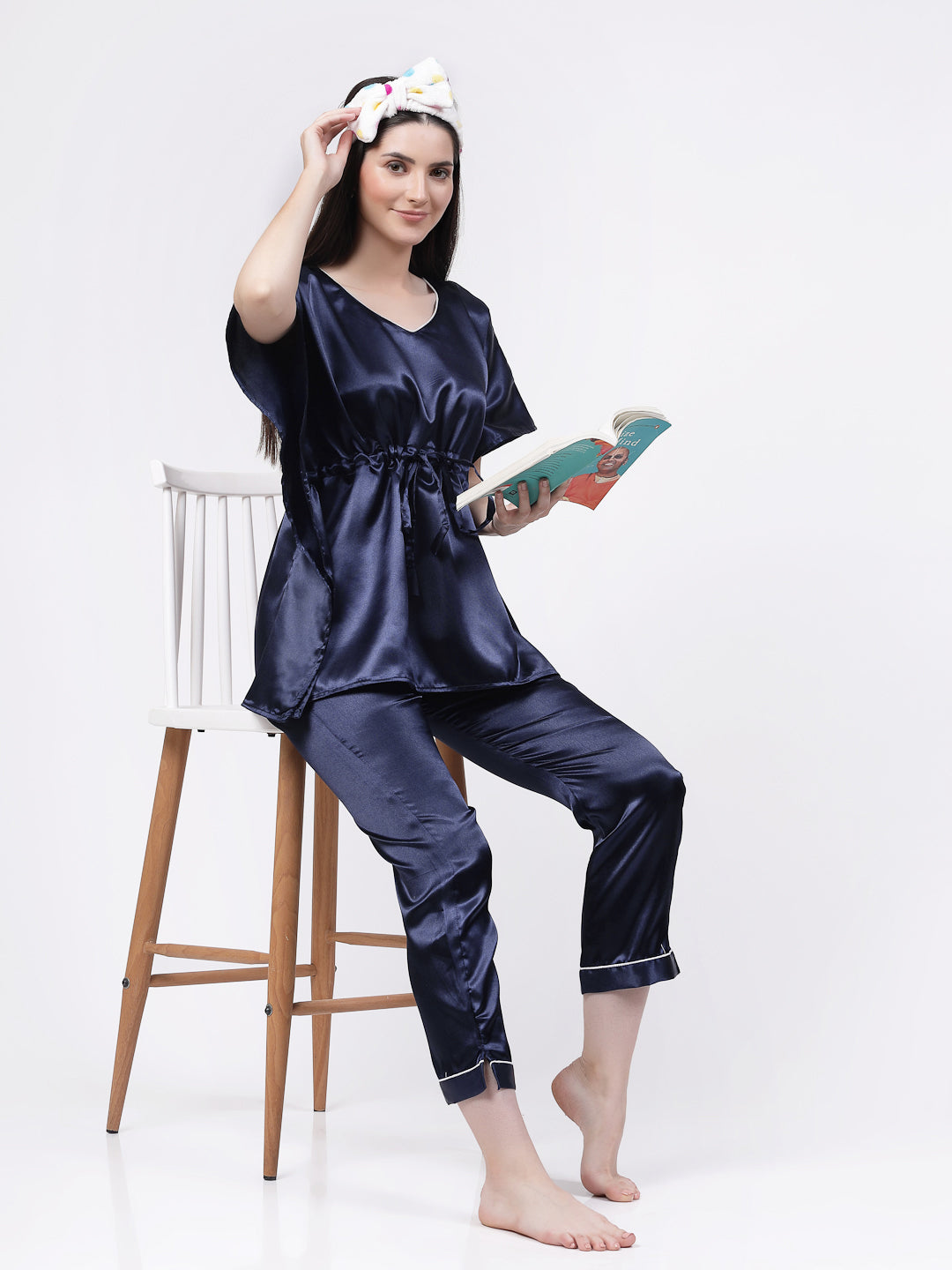 Klotthe Women Blue Solid Satin Kaftan Night Suit by KLOTTHE