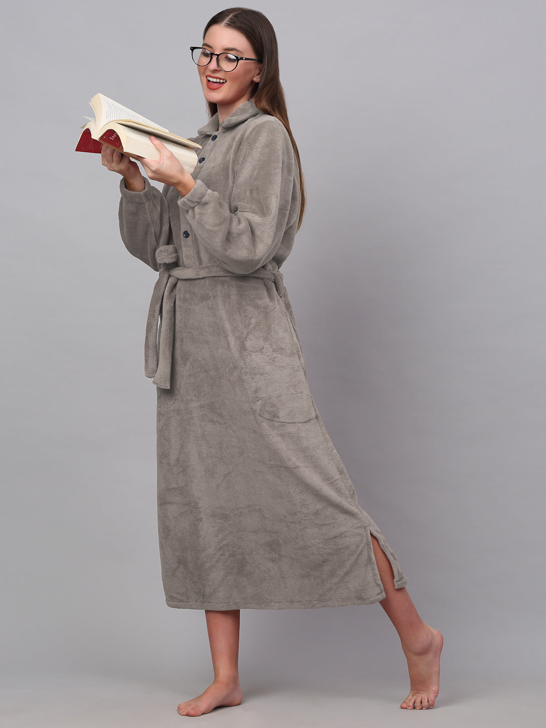 Klotthe Women Beige Solid Bath Robe With Belt
