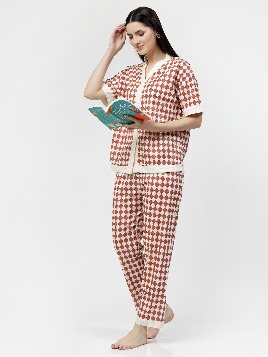 Klotthe Women Brown Geometric Satin Night Suit by KLOTTHE