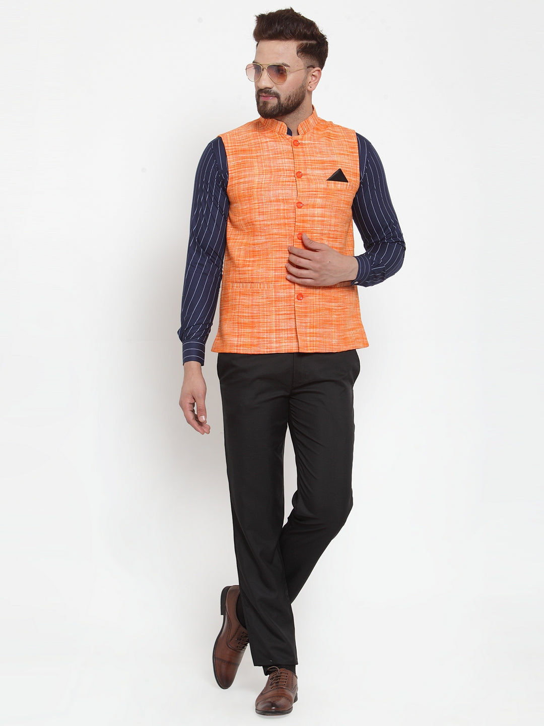 KLOTTHE Orange Pure Cotton Woven Design Nehru Jacket