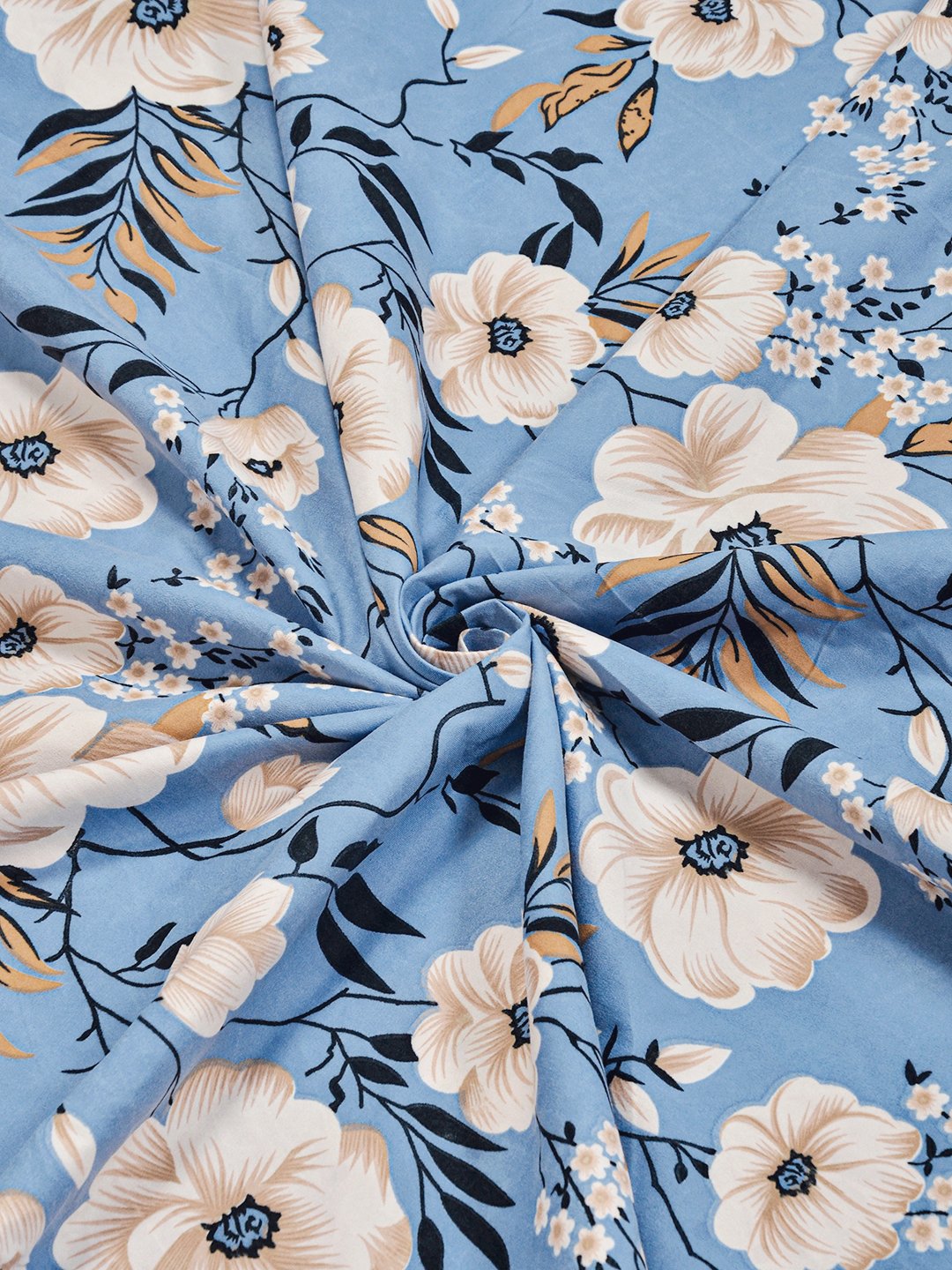 Blue Floral 300 TC Cotton Blend Fitted Double Bedsheet with 2 Pillow Covers