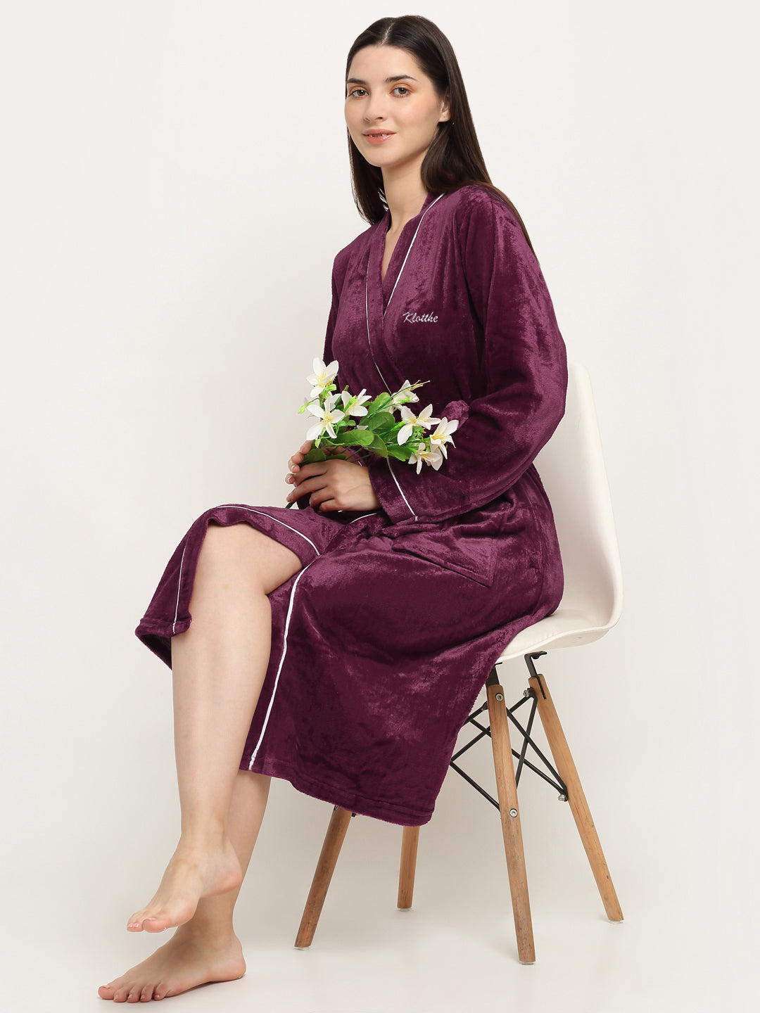 Klotthe Women Maroon Solid Wool Bath Robe With Belt