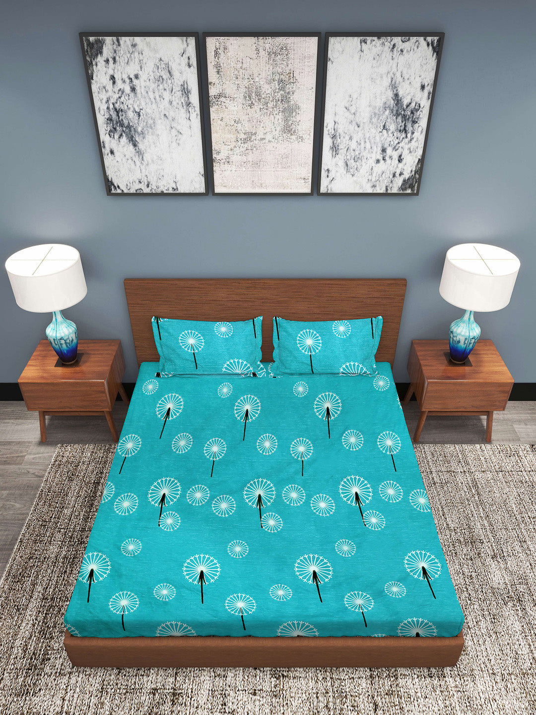 Klotthe Blue Floral 210 TC Cotton Blend Super King Elasticated Double BedSheet with 2 Pillow Cover (108X108 Inch)