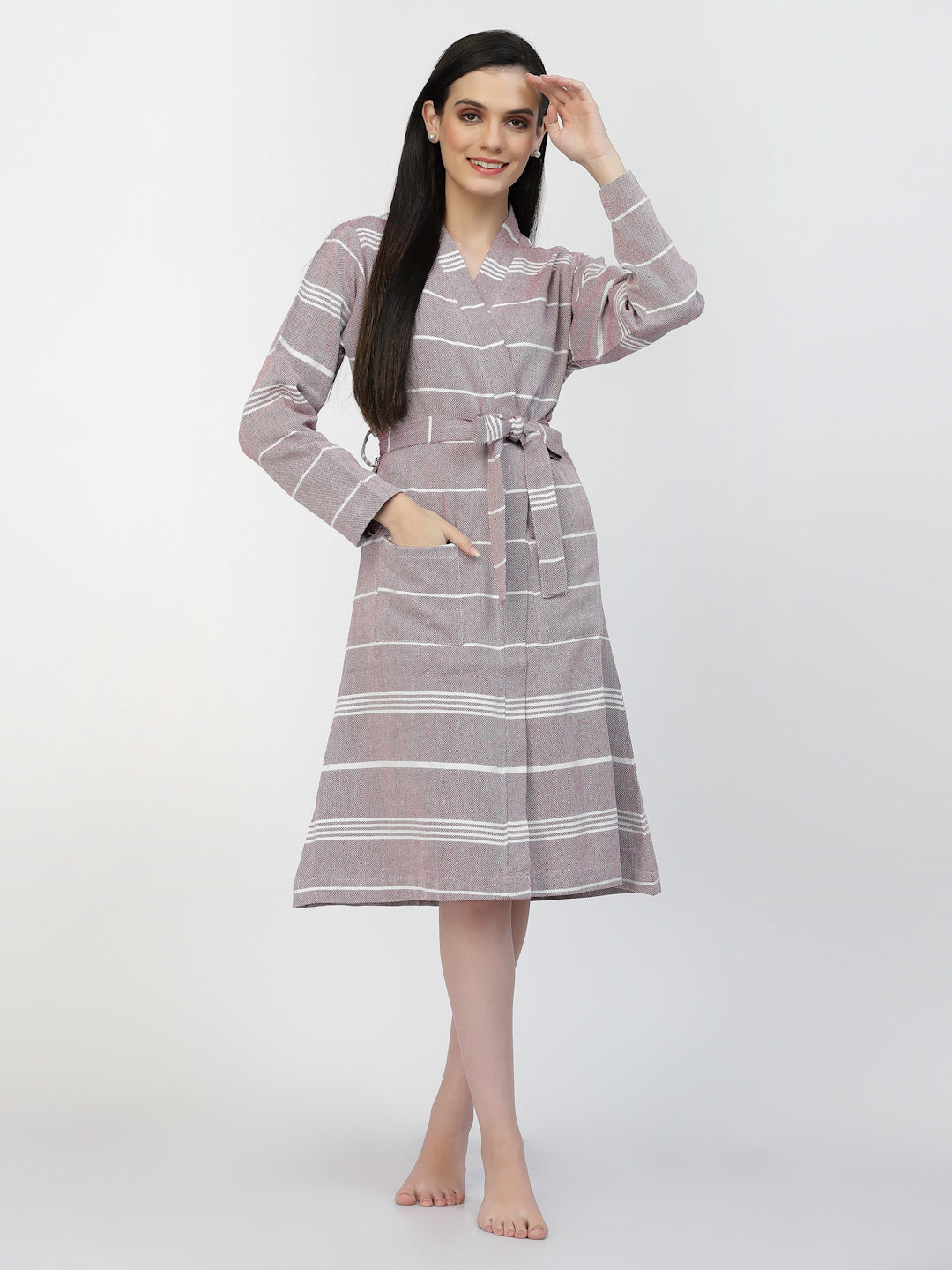Klotthe Women Purple Striped Cotton Bath Robe With Belt