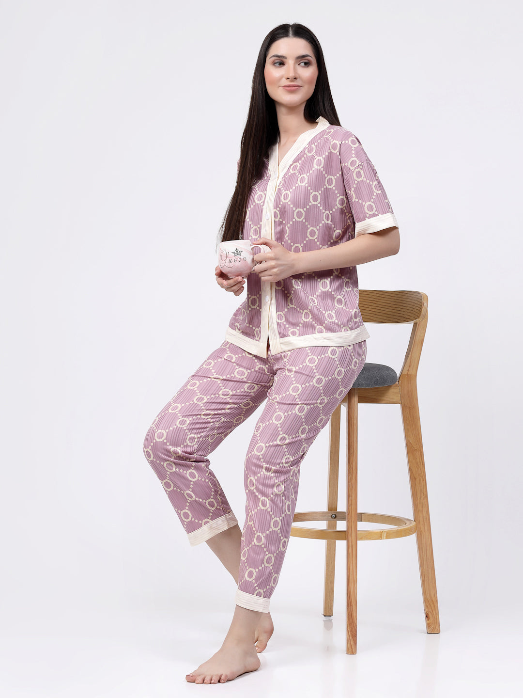Klotthe Women Purple Geometric Satin Night Suit by KLOTTHE