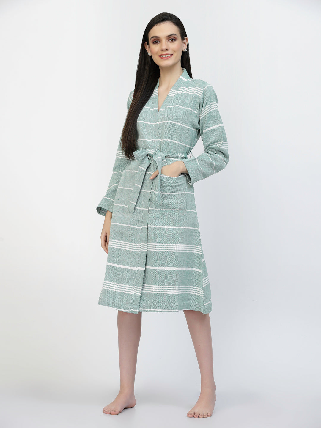 Klotthe Women Green Striped Cotton Bath Robe With Belt