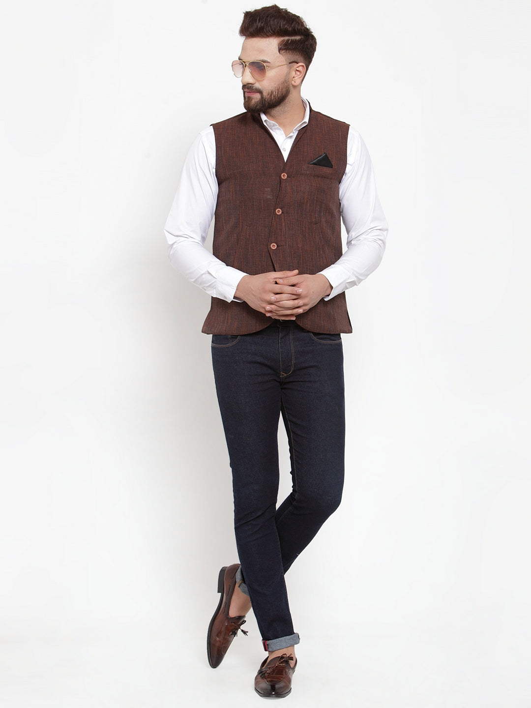 Brown Pure Cotton Party Nehru Jackets