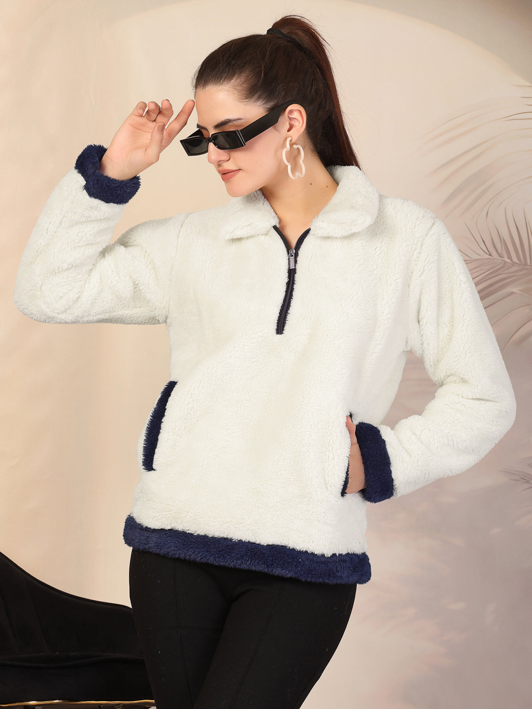 Klotthe Women Cream Solid Woolen Fur Winter Jacket
