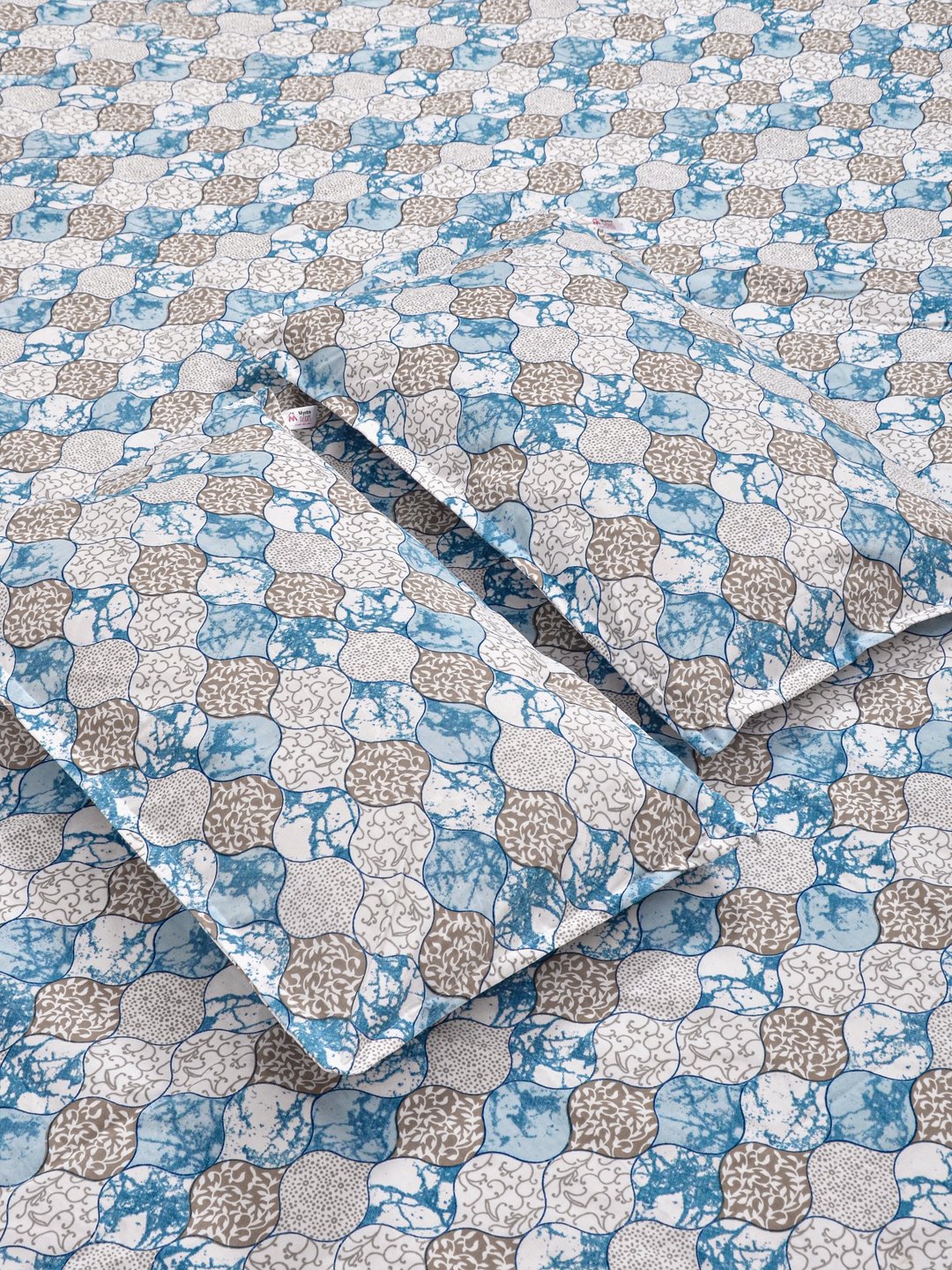 Blue Floral 300 TC Cotton Blend Fitted Double Bedsheet with 2 Pillow Covers