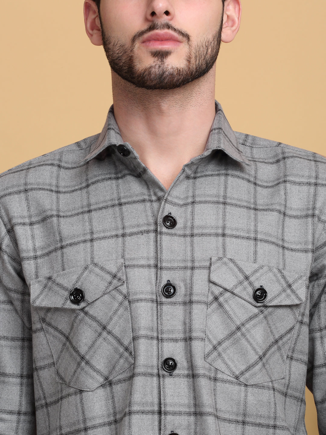 Klotthe Men Grey Checked Spread Collar Woolen Casual Shirt