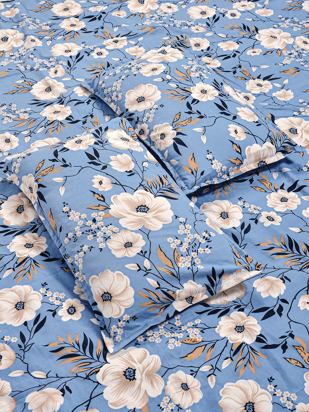 Blue Floral 300 TC Cotton Blend Fitted Double Bedsheet with 2 Pillow Covers