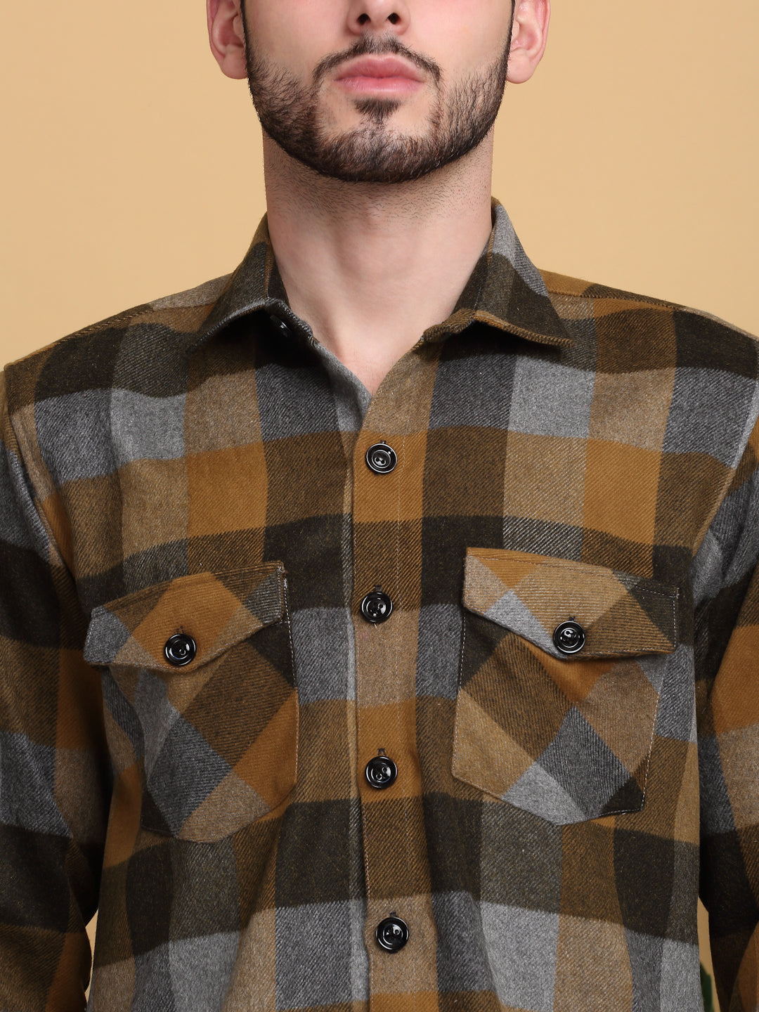 Klotthe Men Brown Checked Spread Collar Woolen Casual Shirt
