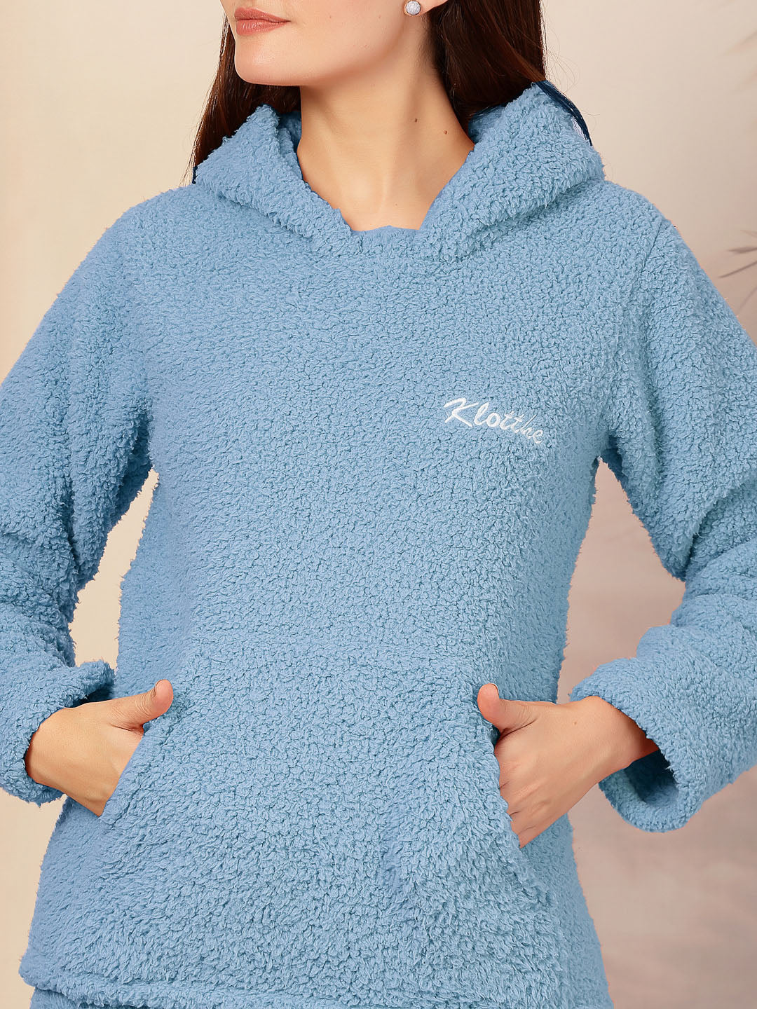 Klotthe Women SkyBlue Solid Sherpa Heavy Winter Hooded Woolen Night Suit