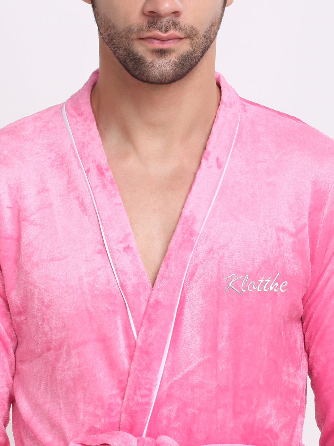 Klotthe Men Light Pink Solid Wool Bath Robe With Belt
