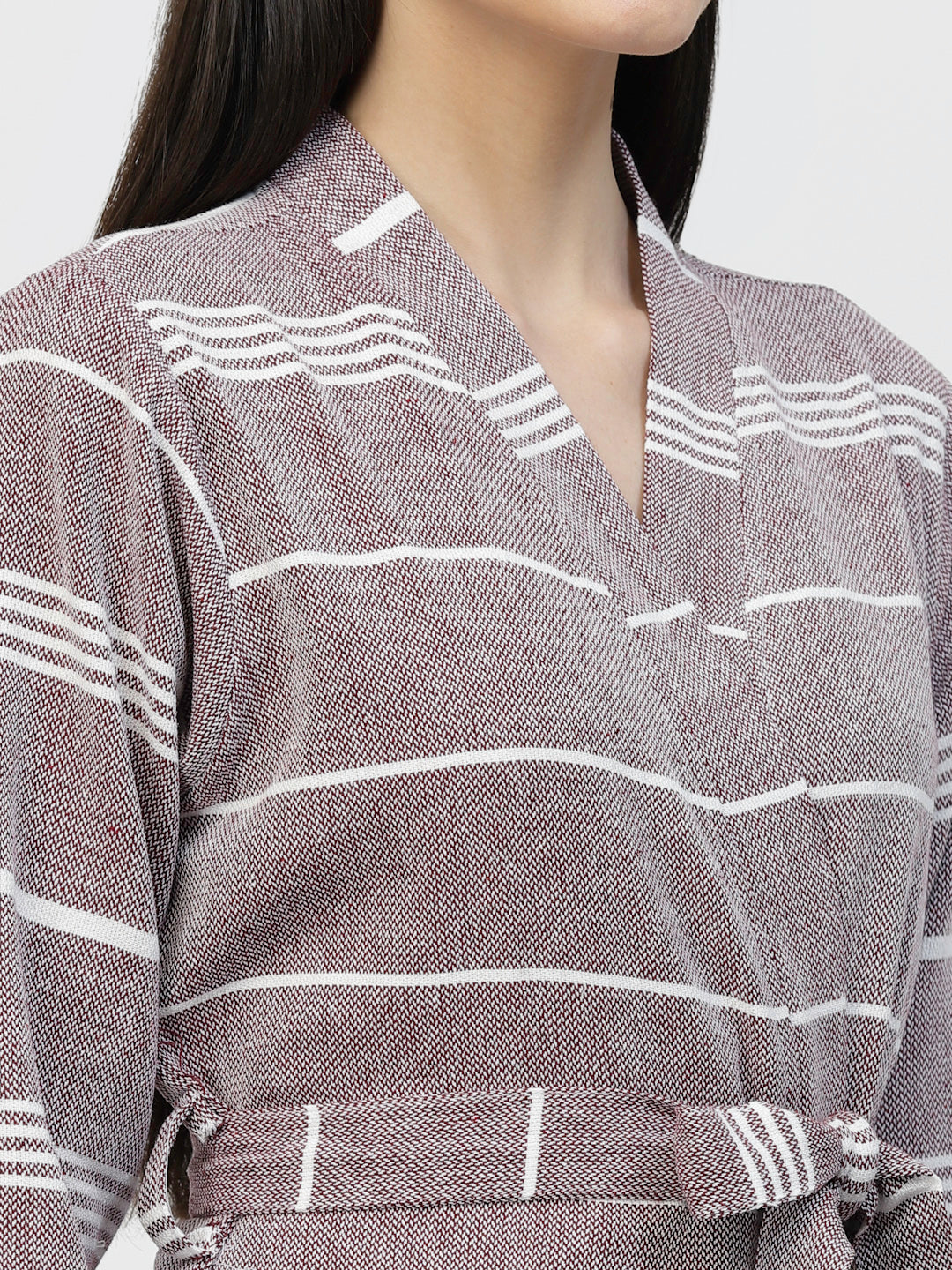 Klotthe Women Purple Striped Cotton Bath Robe With Belt