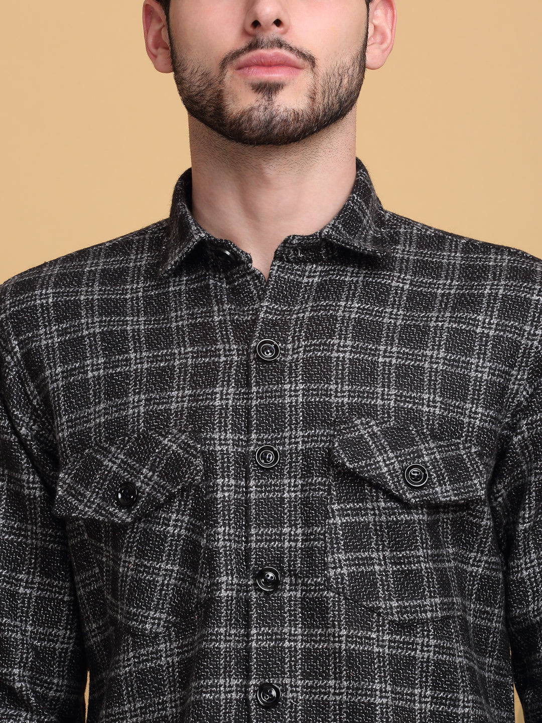 Klotthe Men Black Checked Spread Collar Woolen Casual Shirt