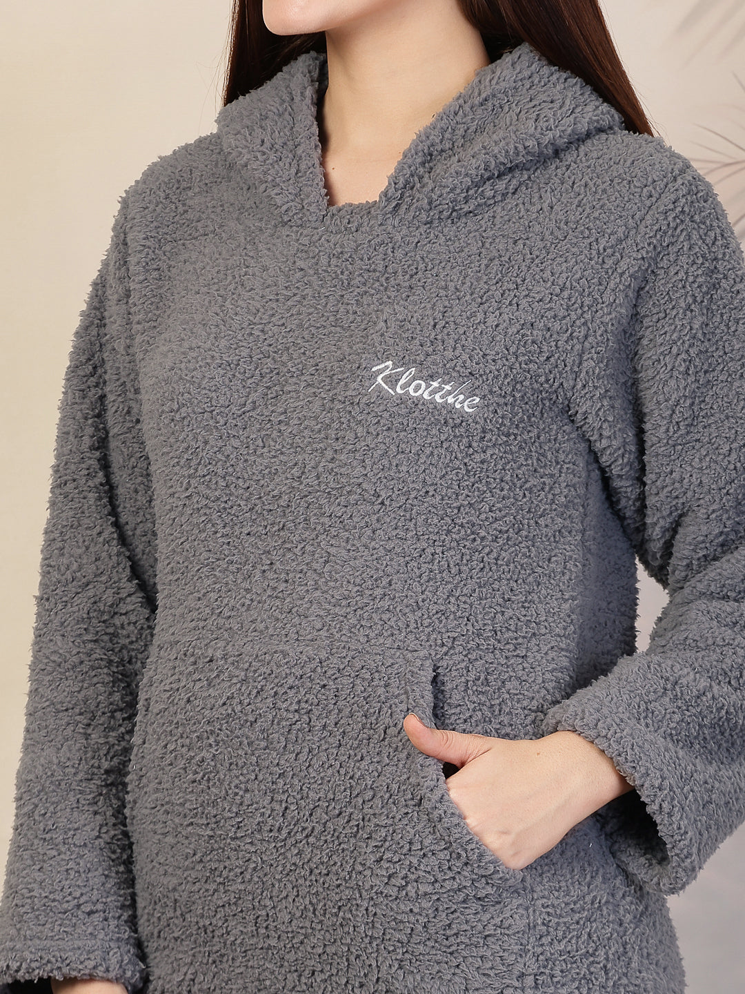 Klotthe Women Grey Solid Sherpa Heavy Winter Hooded Woolen Night Suit