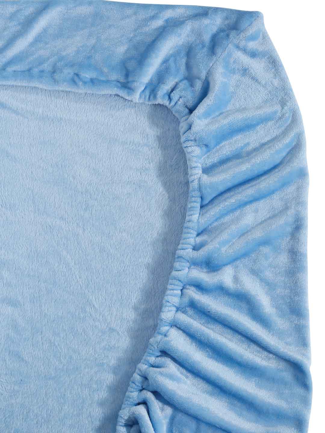 Klotthe Sky Blue Solid Woolen Fitted Double Bed Sheet with 2 Pillow Covers