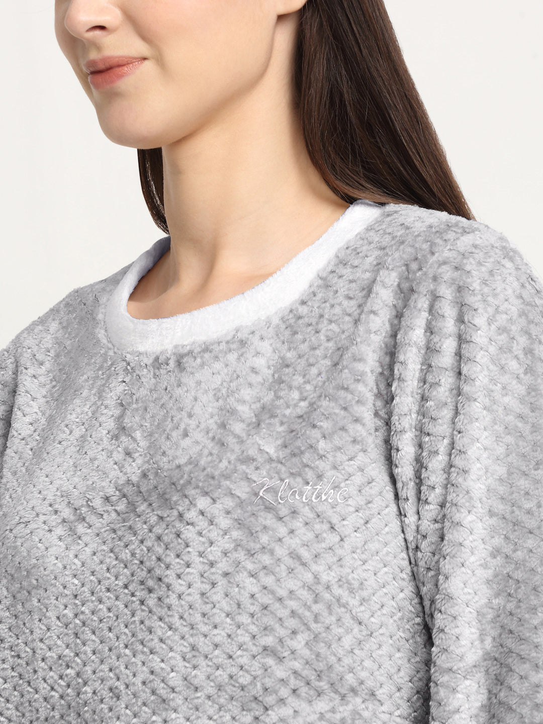Klotthe Women Light Grey Jacquard Wool Blend Solid Night Suit
