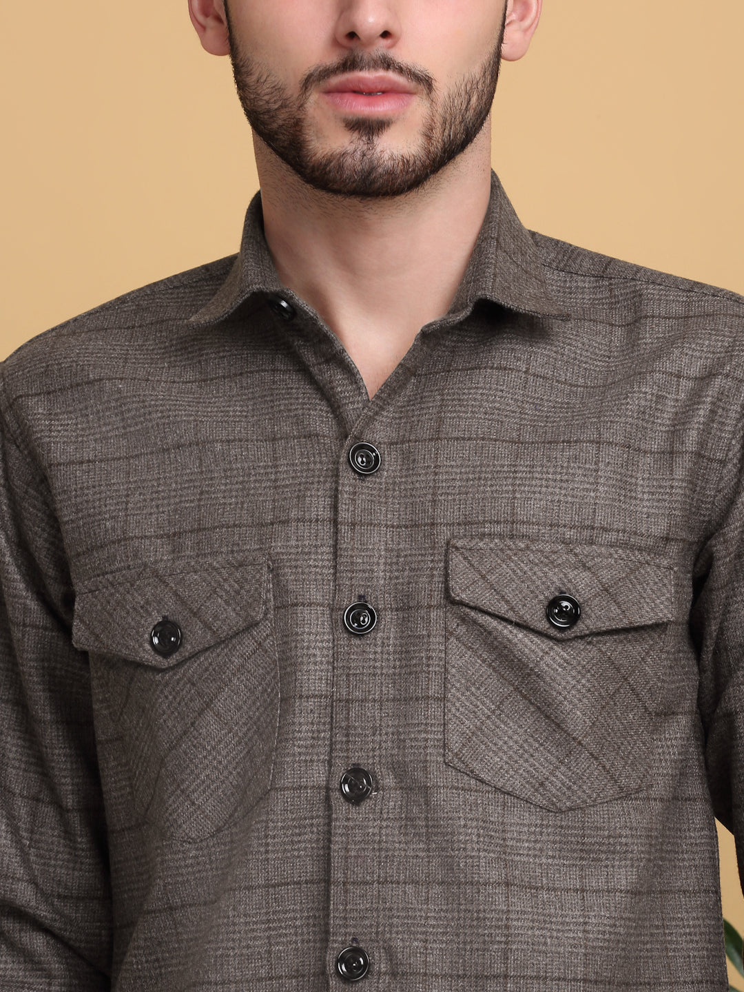 Klotthe Men Brown Checked Spread Collar Woolen Casual Shirt