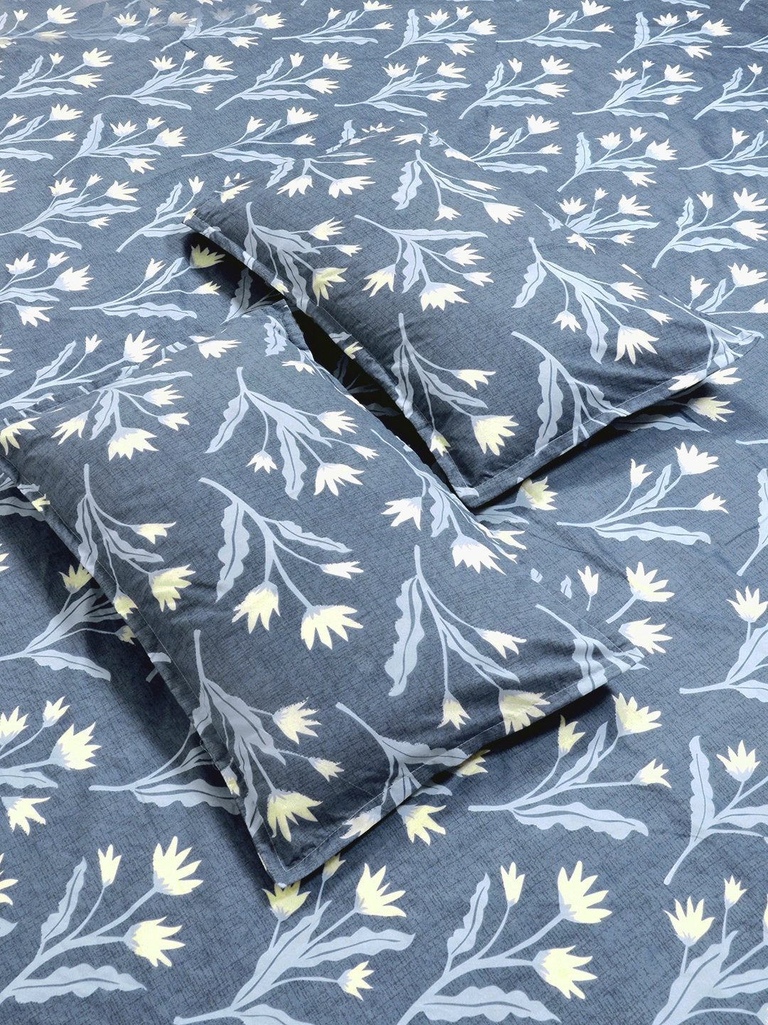 Blue Floral 300 TC Cotton Blend Fitted Double Bedsheet with 2 Pillow Covers