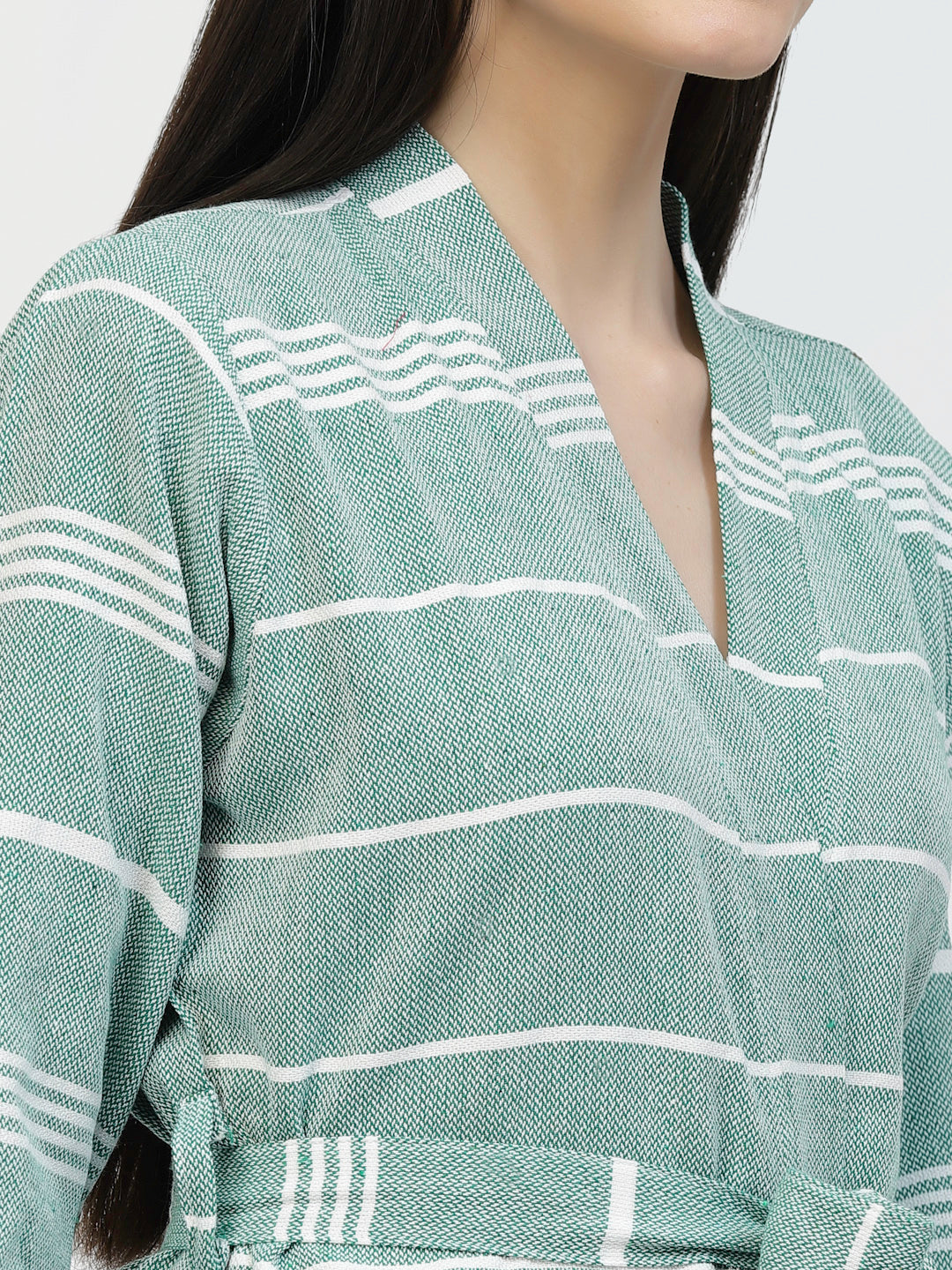 Klotthe Women Green Striped Cotton Bath Robe With Belt
