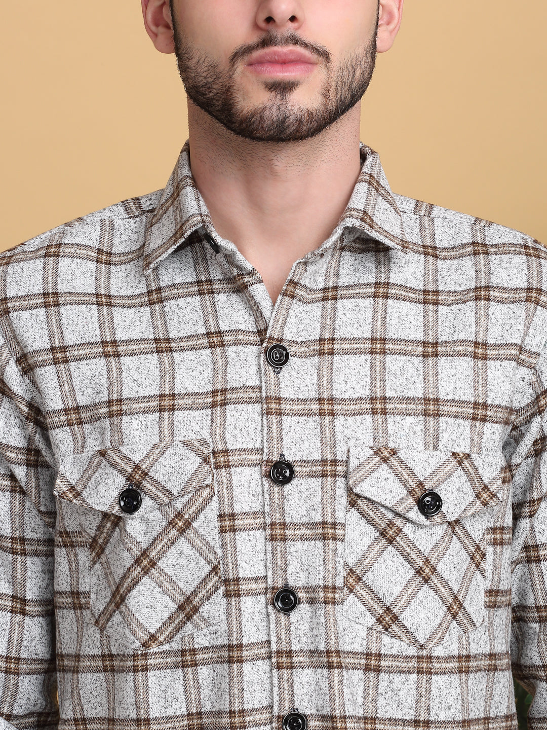 Klotthe Men White Checked Spread Collar Woolen Casual Shirt