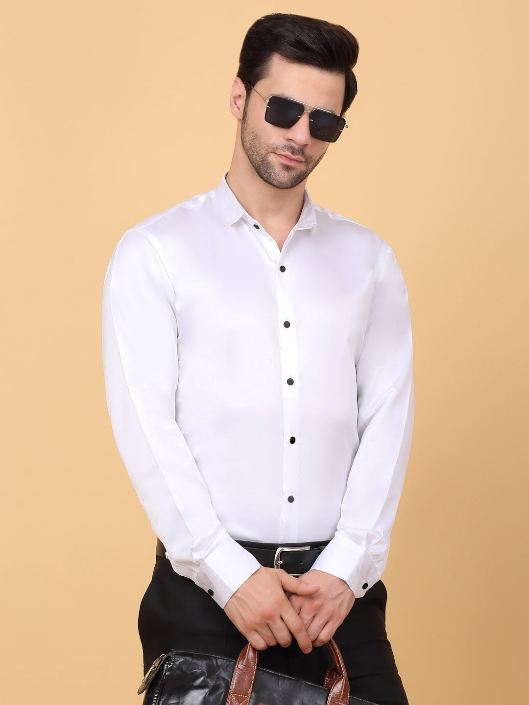 Klotthe Men White Solid Spread Collar Satin Formal Shirt