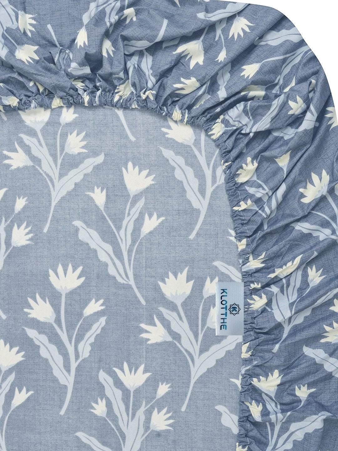 Blue Floral 300 TC Cotton Blend Fitted Double Bedsheet with 2 Pillow Covers