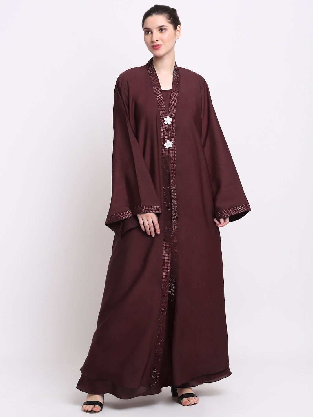 Klotthe Women Burgundy Embellished Burqa With Scarves