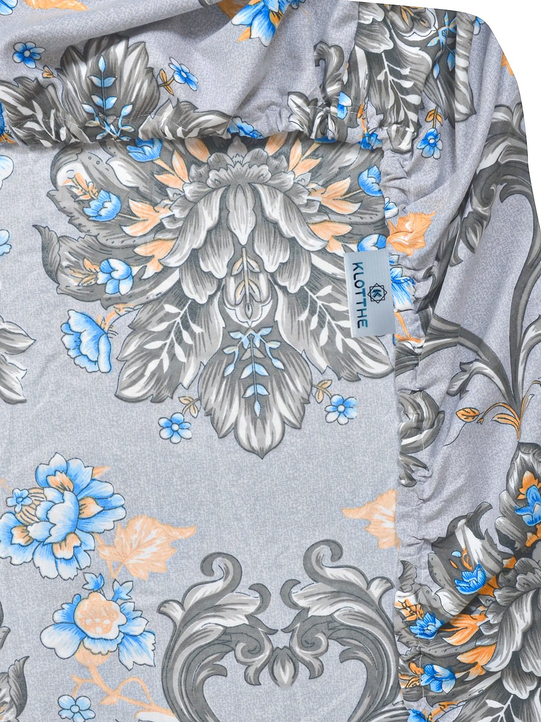 Grey Floral 300 TC Cotton Blend Fitted Double Bedsheet with 2 Pillow Covers